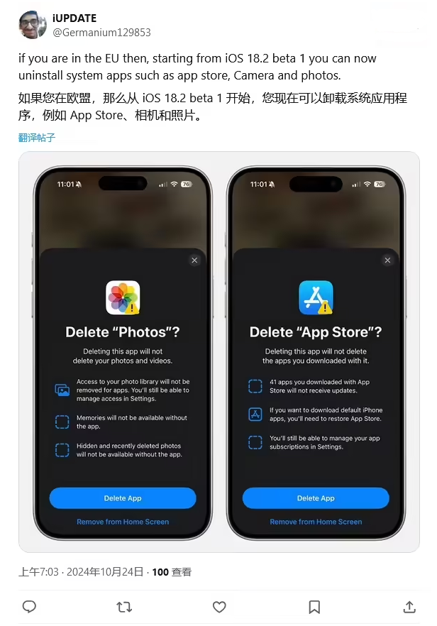 宜城苹果手机维修分享iOS 18.2 支持删除 App Store 应用商店 